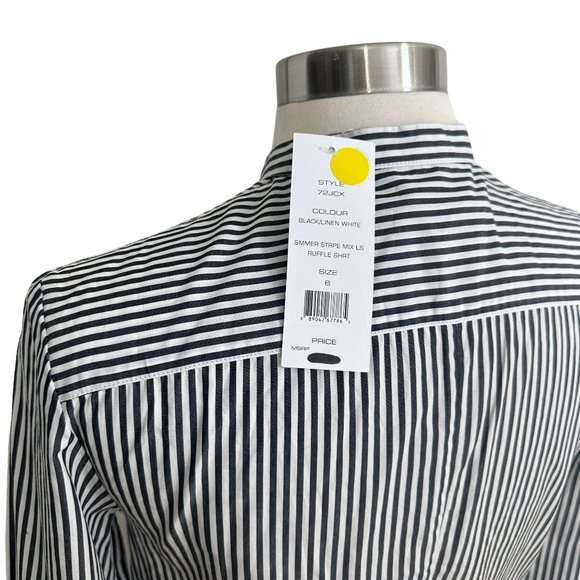 NWT French Connection 6 Black Striped Mandarin Collar Peplum Hem Button Blouse - Picture 5 of 11